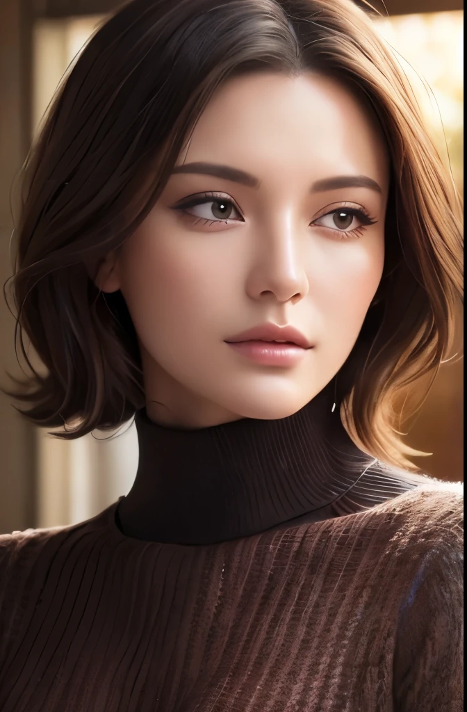 a very beautiful mature woman, in a turtleneck sweater, relaxing in a hot spring, front view, hand-drawn, illustration style, detailed facial features, highly detailed, 8k, photorealistic, beautiful detailed eyes, beautiful detailed lips, extremely detailed face, intricate details, warm color palette, soft lighting, digital painting, masterpiece,