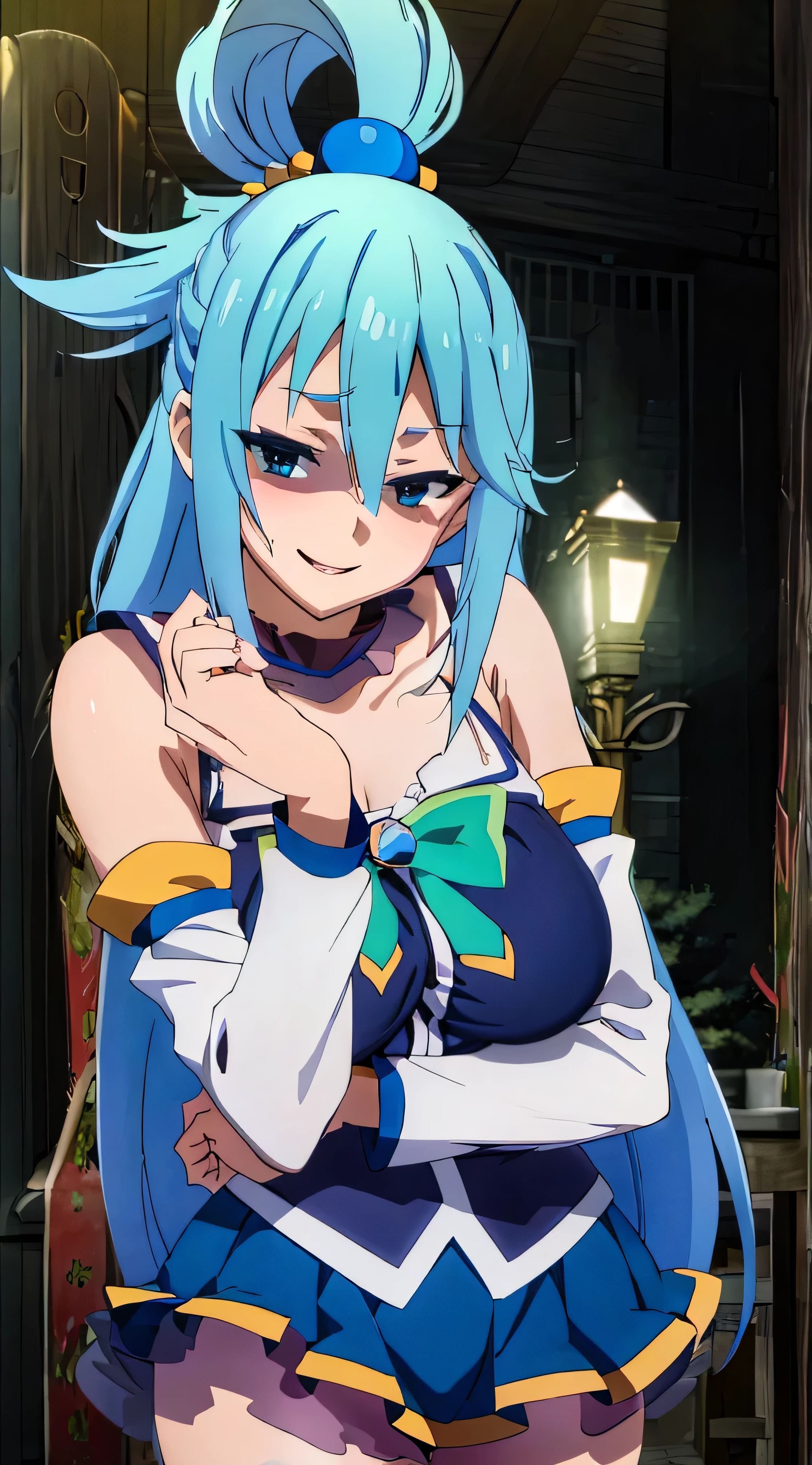 (masterpiece, best quality:1.2), expressive eyes, perfect face, highres, 1girl, solo, aaaqua, long hair, blue hair, hair rings, hair ornament, choker, bare shoulders, green bow, blue shirt, detached sleeves, blue skirt, thighhighs, happy smiling, standing, upper body, portrait, looking at the viewer,curvy,,oily skin,shiny skin,most evil huge laugh,lipstick,sadistic smile,deep shaded face(eyes in shadow),singlebraid,smile worst,worst ridecule,most evil moukery,,onebraid,,two hands,five fingers,dark aura background,A face full of evil,most evil ridicule,,horor, Violence, , The Empowerment of Evil, monster,naughty face,seductive smile,evil smirk,ojou-sama pose,oily skin,shiny skin,