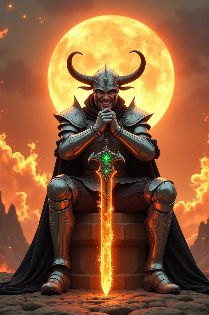 8K quality, (super masterpiece: 1.3), Highest quality, Detailed Image, 1 person, knight, pocket (Two ox horns, Tosaka green), (Silver and leather combination armor, Green decorated armor), (Wear black robe, Black robe ) ,(Hold the hilt of the antique great dragon puspa flaming sword in your right hand)(left hand supports the chin),(background: blaze of fire element burning fractal effect,sunset,fantastic sunset,End,End of the world,grassland,Takayama ,Halo Effect),(Full body image,sitting on an altar stone with legs apart),(Face directly towards the camera,Looking with a silly, mocking smile directly at the audience,looking at the camera,Body facing the audience,Body facing the camera ,Face facing directly towards the camera). Cinematik.Award winning photography.