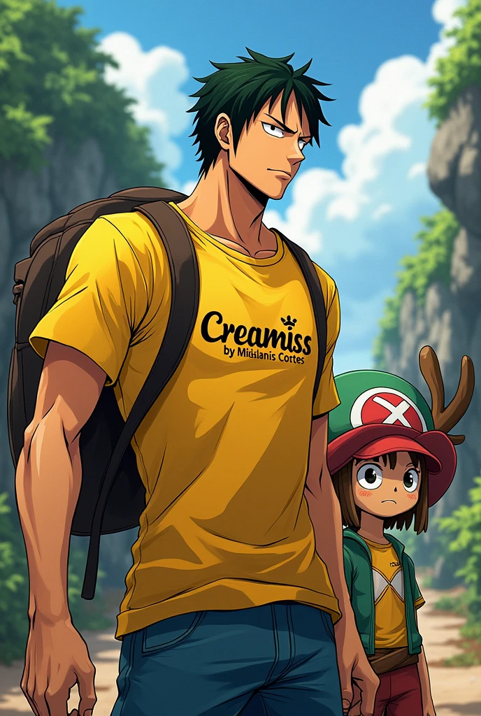 I want an image of Ussof and chopper from one peace with a yellow short-sleeved t-shirt that has the creamiss by mislanis cortes logo