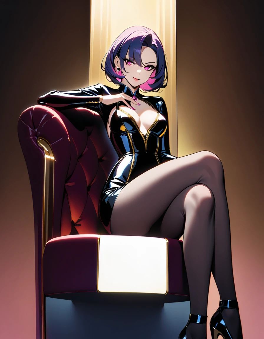 A sultry evil femme fatale stands against a dimly lit backdrop, her piercing gaze captivating the viewer as she exudes an air of confidence and seductive mystique. Her porcelain doll-like features are illuminated by soft, golden lighting, accentuating the curves of her inviting smile. With legs crossed and one hand resting on her hip, she poses effortlessly, radiating a sense of power and control. The composition is tight, with negative space emphasizing her captivating presence.