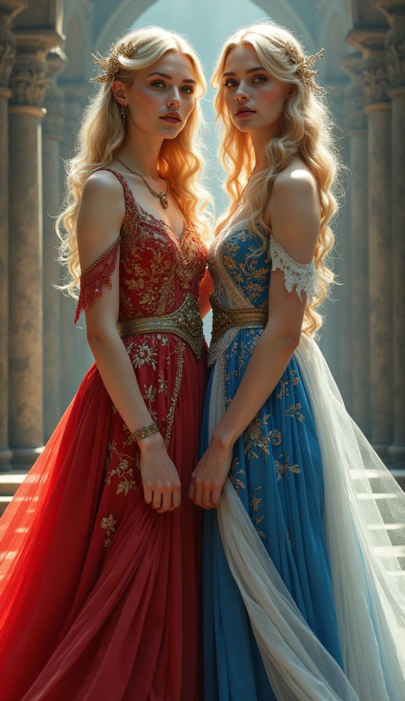 Beautiful Goddess Sisters, whole body, The goddess of England dressed in a costume based on the English flag, Scottish goddess dressed in a costume based on the Scottish flag