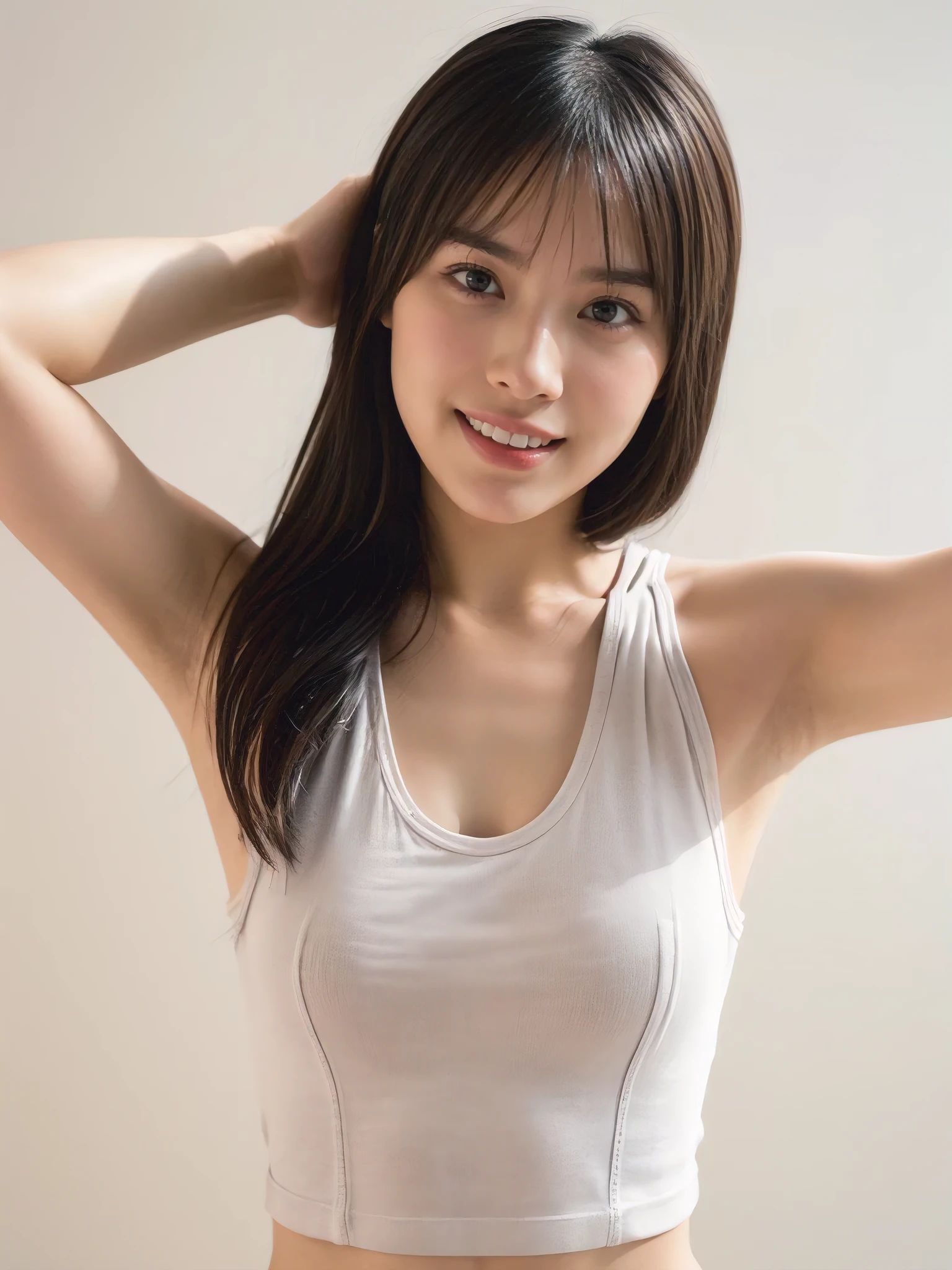 1girl, 25years old woman, (perfectly detailed face), (((Tank tops))), Slim body, Small breasts, medium breasts, large breasts, cute face, beautiful face, ((looking at viewer)), Simple Background, ((white background)), ((white wallpaper)), White skin, (bright lighting:1.2), perfect lighting, armpits, Show one armpit, Smooth and beautiful armpits, smile, photorealistic, (bokeh), UHD, anatomically correct, highres, masterpiece