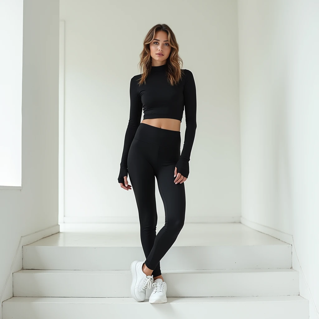 A charming woman in black long-sleeved sportswear, paired with high-waist leggings and white sneakers, stands on the stairs of an elegant fitness center. She is captured from head to toe in the style of professional photography for a fashion magazine photoshoot. The photo captures various elegant poses of her entire body, showcasing her athletic physique and stylish outfit. Her confident expression conveys elegance while she poses gracefully against an empty white building.