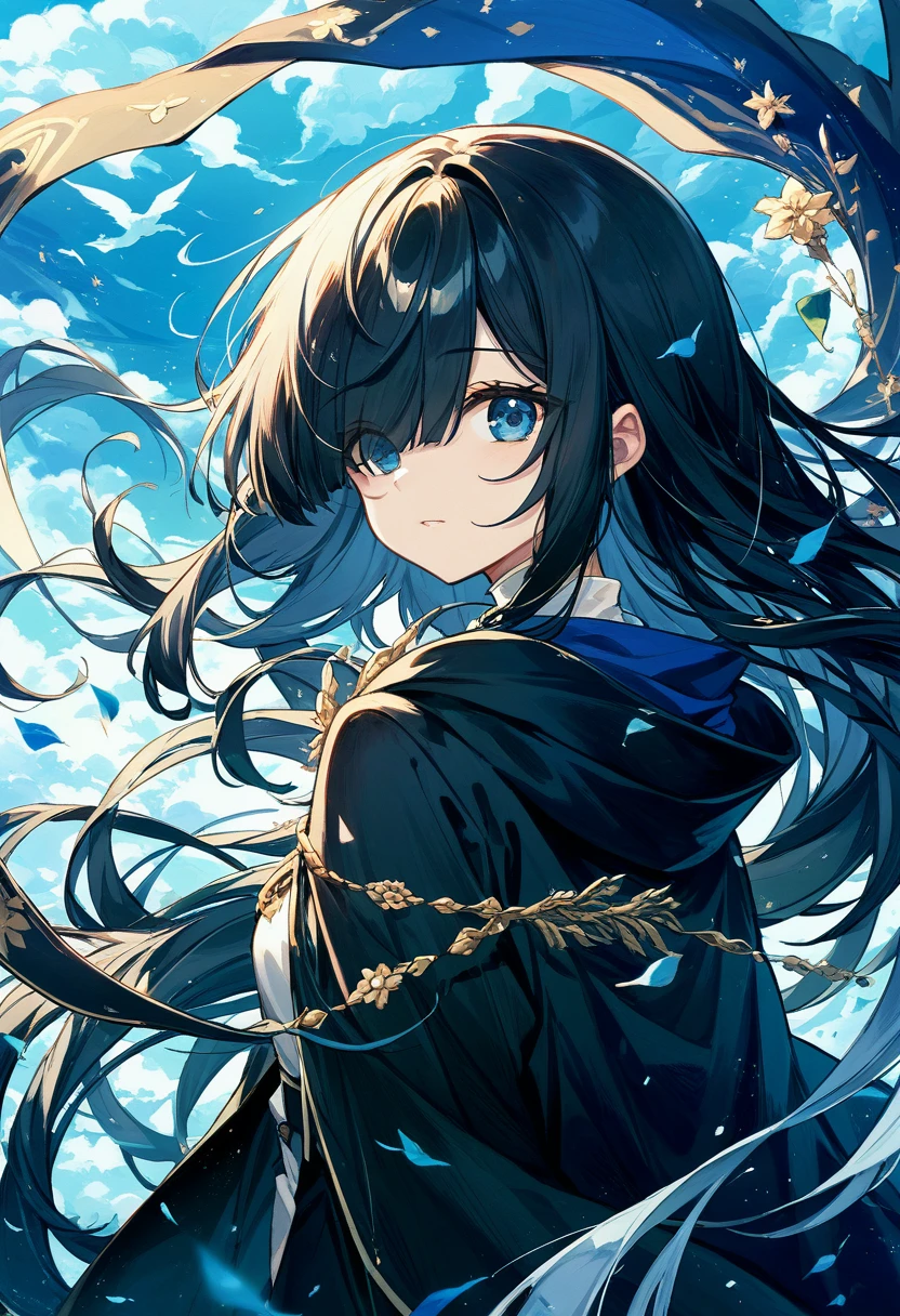 eyes visible through hair / bangs,(hair over one eyes),Long Black Hair、((Beautiful Blue Eyes)),Cute Girls、Wearing a black cloak、(Hair fluttering in the wind in the night sky),Masterpiece