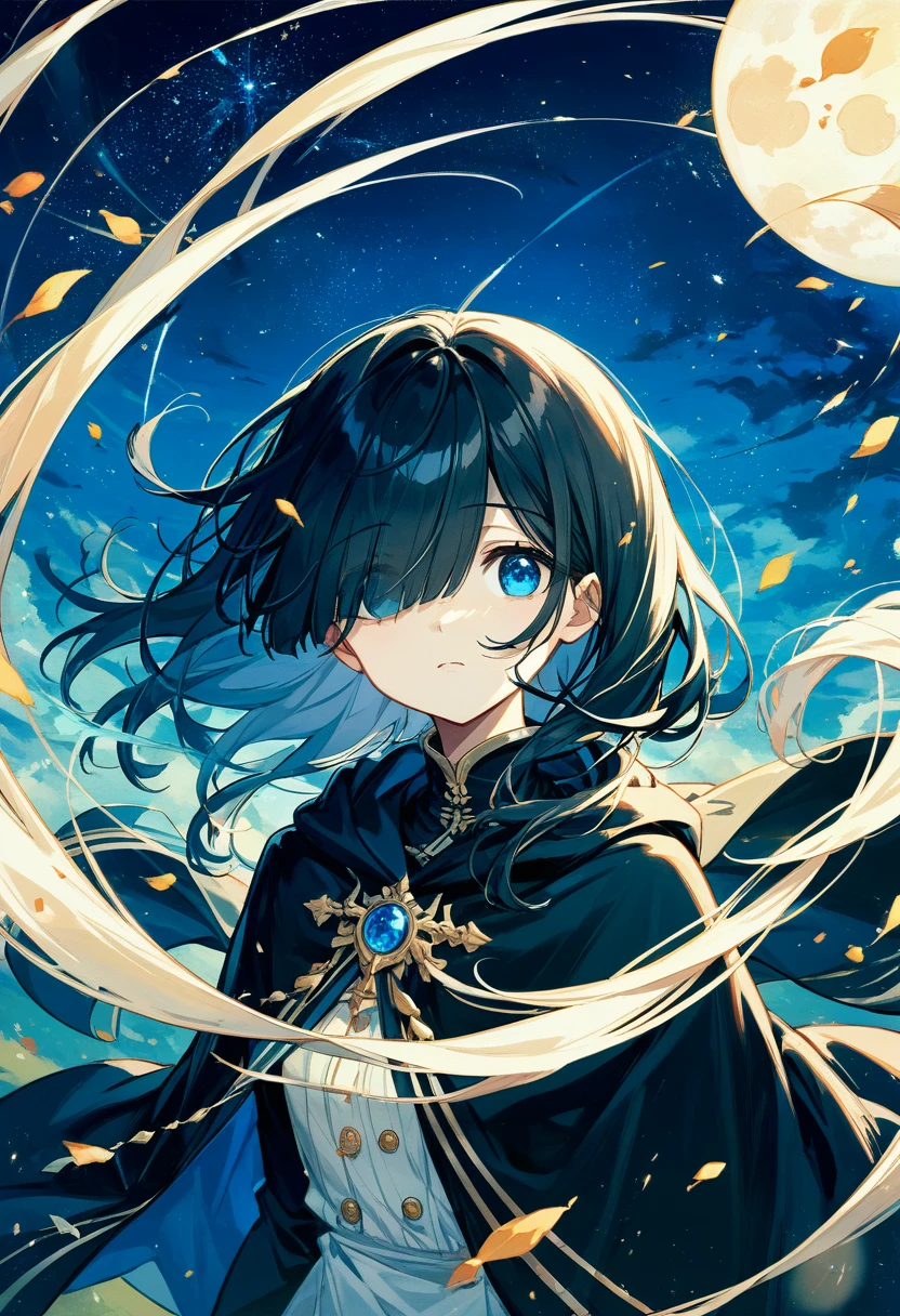 eyes visible through hair / bangs,(hair over one eyes),Long Black Hair、((Beautiful Blue Eyes)),Cute Girls、Wearing a black cloak、(Hair fluttering in the wind in the night sky),Masterpiece