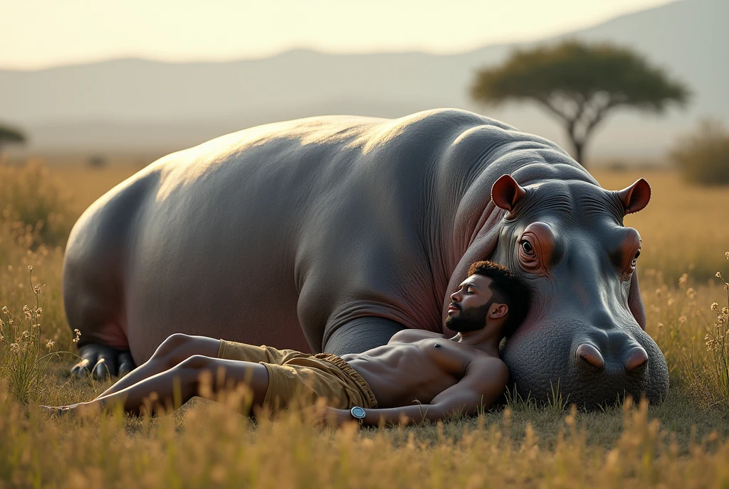 Create a captivating, (((hyper-realistic))), AI-generated artwork of a hippopotamus lying on the ground in an African savanna. The hippo should be depicted in a natural and tranquil moment, resting with its massive, rounded form fully visible. Next to the hippo, a Black man is lying down, leaning against the hippo in a peaceful, relaxed manner. The scene should reflect the African landscape, with a backdrop of lush vegetation, tall grasses, and perhaps a few distant acacia trees. Use earthy, natural tones to depict the savanna and the hippo’s grayish skin, highlighting the contrast between the hippo, the man, and the surrounding environment. The lighting should be soft and natural, conveying the warmth of the African sun and the peacefulness of the scene. The style should be hyper-realistic yet artistic, with an intense focus on the fine details of the hippo, the man, and their habitat. The final artwork should be high-resolution and visually striking, capturing the serene connection between the man and the hippo in their natural setting