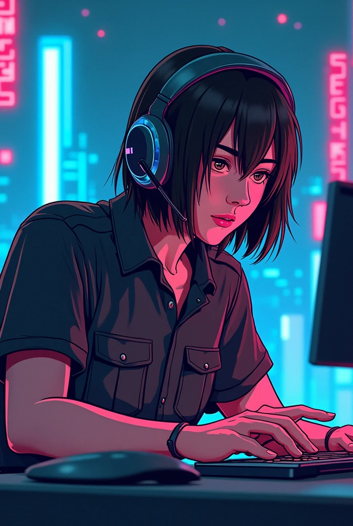 A man with a heatset, straight hair working, cyberpunk and cartoon style