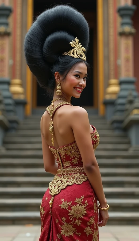   Masterpiece, Best Quality, High Resolution, High Details, Super Detailed, High Quality, Textured Skin, UHD,  full body of java wedding woman in  kebaya dress traditional and batik skirt, looking at viewer, jewelry on hair, tiny strain white jasmine hair ornaments,  ,((full body shot)),from head to toe,with a very big hair bun, (the size of her bun is 3 times the size of her head),very big very big hair bun traditional Javanese hair bun,(circle bun),shiny black hair,,laugh, ((looking back over shoulder ))Ultra-Wide Angle,on  Javanese temple