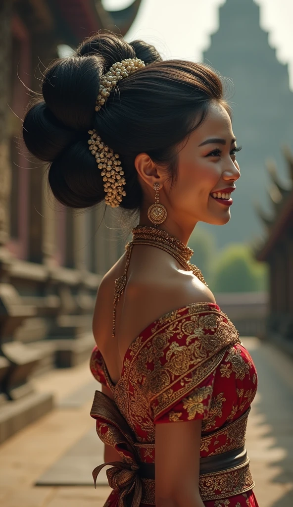   Masterpiece, Best Quality, High Resolution, High Details, Super Detailed, High Quality, Textured Skin, UHD,  full body of java wedding woman in  kebaya dress traditional and batik skirt, looking at viewer, jewelry on hair, tiny strain white jasmine hair ornaments,  ,((full body shot)),from head to toe,with a very big hair bun, (the size of her bun is 3 times the size of her head),very big very big hair bun traditional Javanese hair bun,(circle bun),shiny black hair,,laugh, ((looking back over shoulder ))Ultra-Wide Angle,on  Javanese temple
