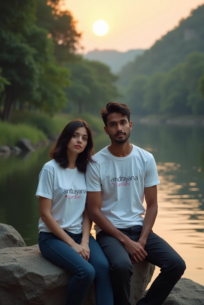 A woman and a man wearing white t-shirts with the words "Andrayana ❤candani "sitting on a rock near the river in the twilight atmosphere, looking at the camera