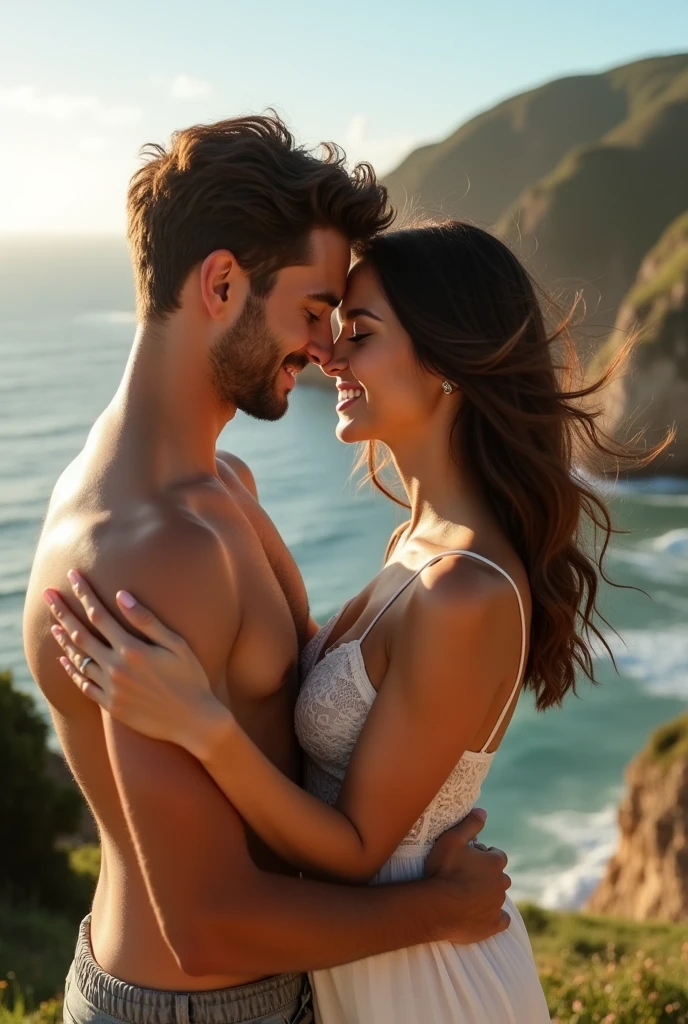 beautiful couple brown hair in love in the city of arraial do cabo Brazil 18k realistic outdoors romantic photo shoot 
