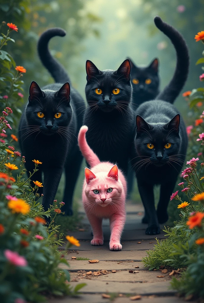 A gang of menacing black cats with yellow eyes ambush the garden, capturing the pink cat 