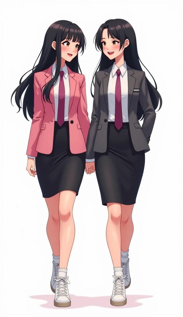 Two young womens, long black hairs, , same height, lesbian.

The first young women wear a pink suit jacket, white shirt, magenta necktie, black pencil skirt 16 cm, black underpants, white socks, white sneakers high top.

The second young women wore a grey suit jacket, white shirt, dark grey necktie, black pencil skirt 16 cm, black underpants, white socks, white sneakers high top.

walking, smiled, white background, novel cartoon, 4K, HD.