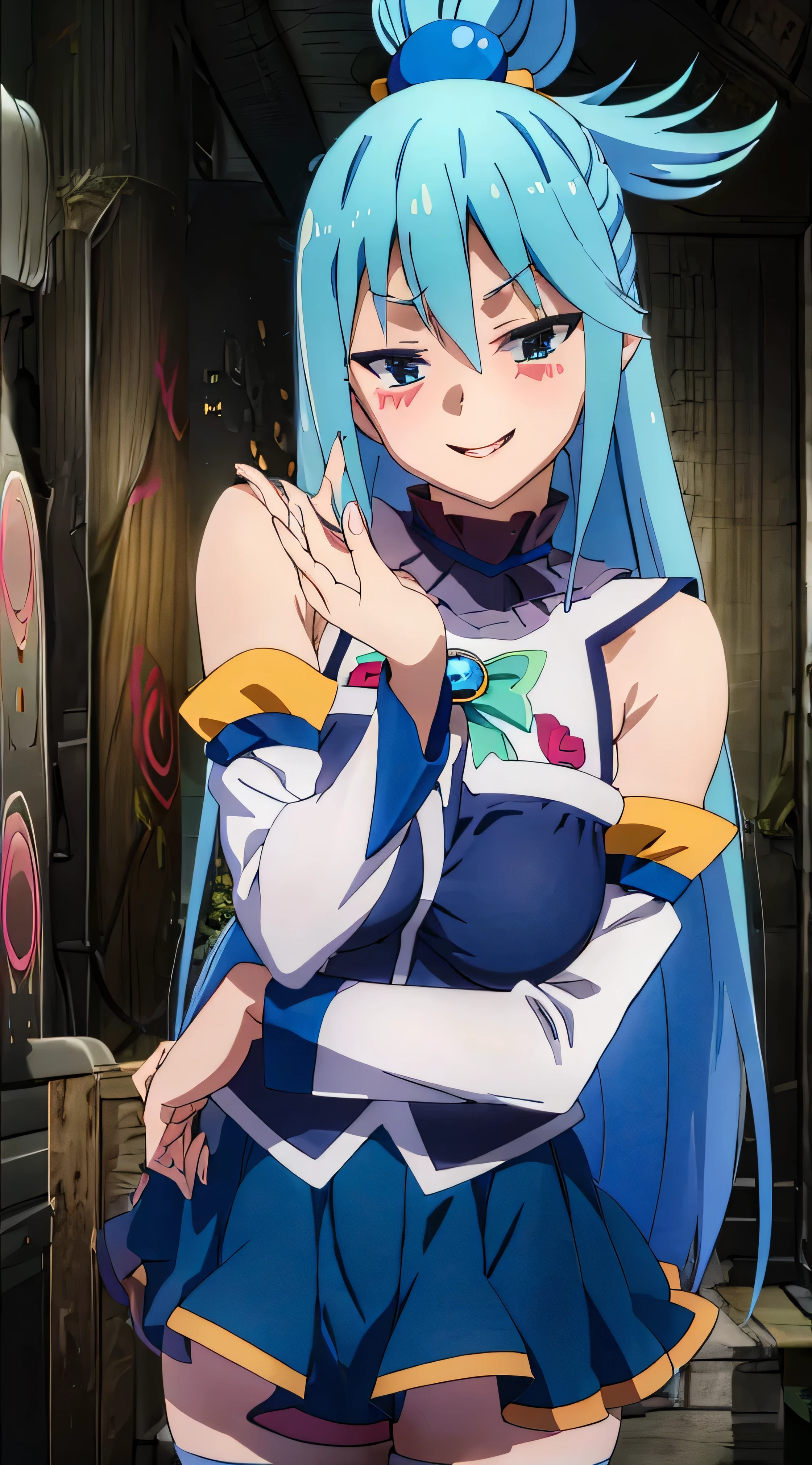 (masterpiece, best quality:1.2), expressive eyes, perfect face, highres, 1girl, solo, aaaqua, long hair, blue hair, hair rings, hair ornament, choker, bare shoulders, green bow, blue shirt, detached sleeves, blue skirt, thighhighs, happy smiling, standing, upper body, portrait, looking at the viewer,curvy,,oily skin,shiny skin,most evil huge laugh,lipstick,sadistic smile,deep shaded face(eyes in shadow),singlebraid,smile worst,worst ridecule,most evil moukery,,onebraid,,two hands,five fingers,dark aura background,A face full of evil,most evil ridicule,,horor, Violence, , The Empowerment of Evil, monster,naughty face,seductive smile,evil smirk,ojou-sama pose,oily skin,shiny skin,