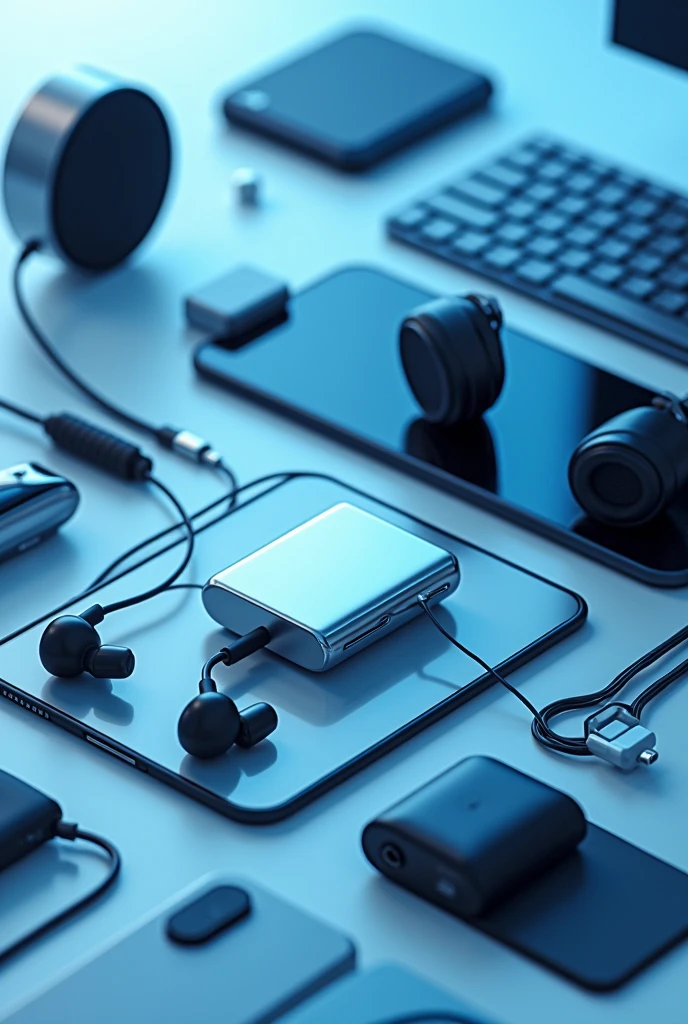 phone accessories, chargers, headphones, cell phone cases, keyboard, mouse, speakers, cables and with a bluish background color and that had a technological theme