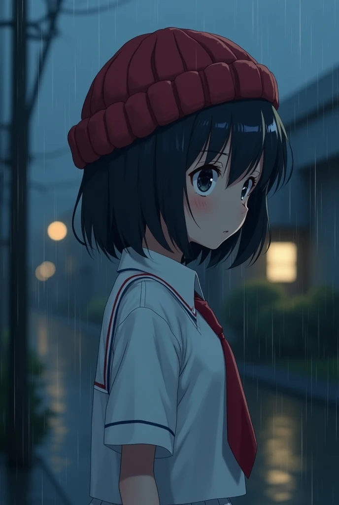 anime girl, short black hair without bangs, black eyes, wearing a white shirt, red tie, white knee-length skirt, wool hat red, blush, a bit sad, it was raining at night, looking at the houses with low lights on