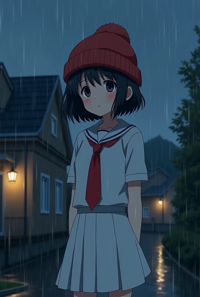 anime girl, short black hair without bangs, black eyes, wearing a white shirt, red tie, white knee-length skirt, wool hat red, blush, a bit sad, it was raining at night, looking at the houses with low lights on