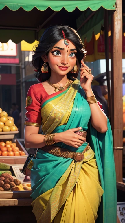 smiling woman in sari talking on a cell phone in a market, dressed in a sari, movie promotional image, wonderful, stunning woman, wearing a sari, stylish pose, movie stills photography, the vibrant echoes of the market, exclusive, stunning visual, promotional movie still, illustration!, inspired by Thota Vaikuntham, movie stills, very extremely beautiful, * colour splash *