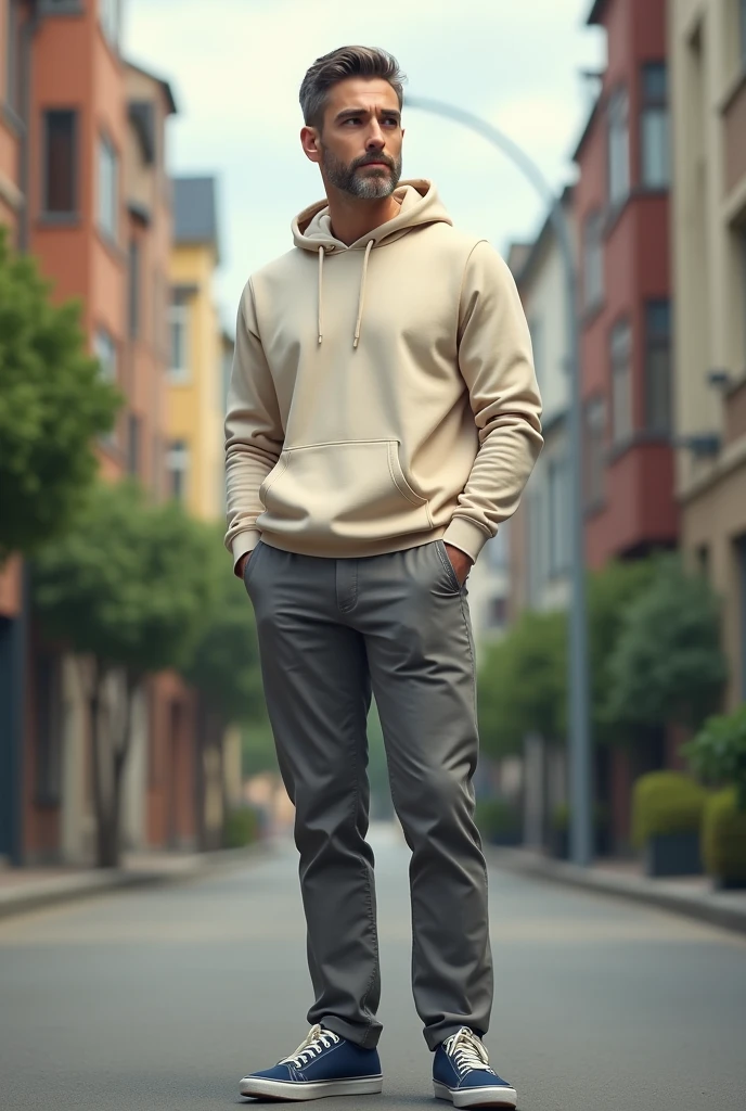 A 30 year old man in a quiet street, wearing cream coloured slim fit hoodie, grey chinos and navy plimsols, full body, looking at viewer