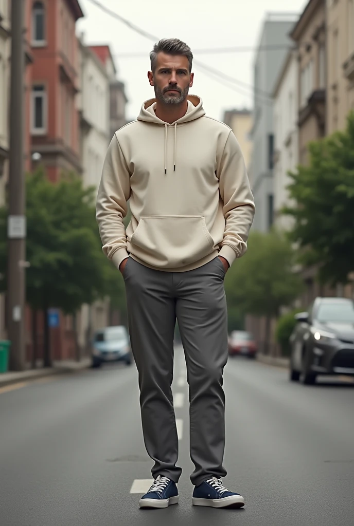 A 30 year old man in a quiet street, wearing cream coloured slim fit hoodie, grey chinos and navy plimsols, full body, looking at viewer