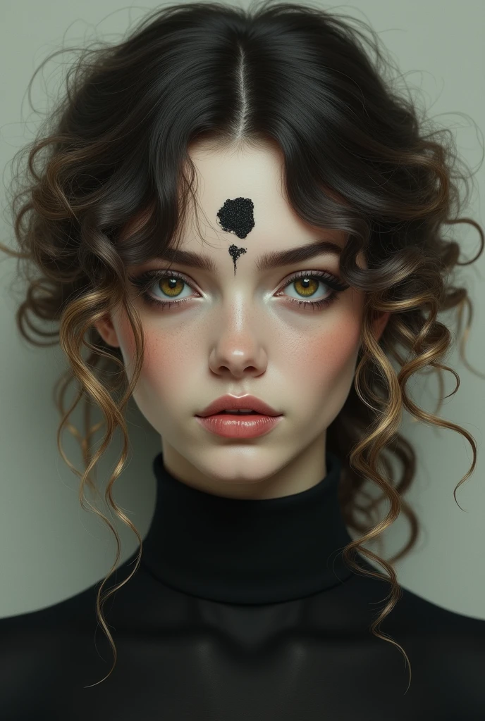 Create a woman with curly hair and golden tips, thin eyebrows and a black mark in the middle of the forehead and also with two curly locks in the front of the face