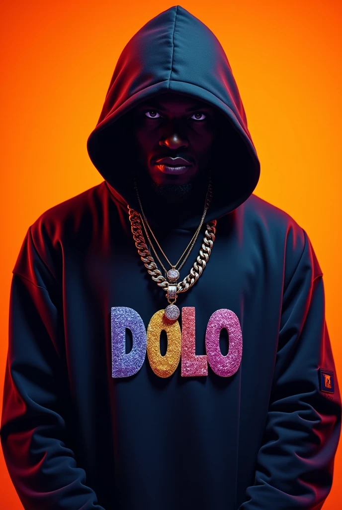 Rappeur avec une cagoule et une chaine en diamend sur laquelle il est ercrit DOLO en violet jaune oranhe et bleu . Le tout sur un fond orange 