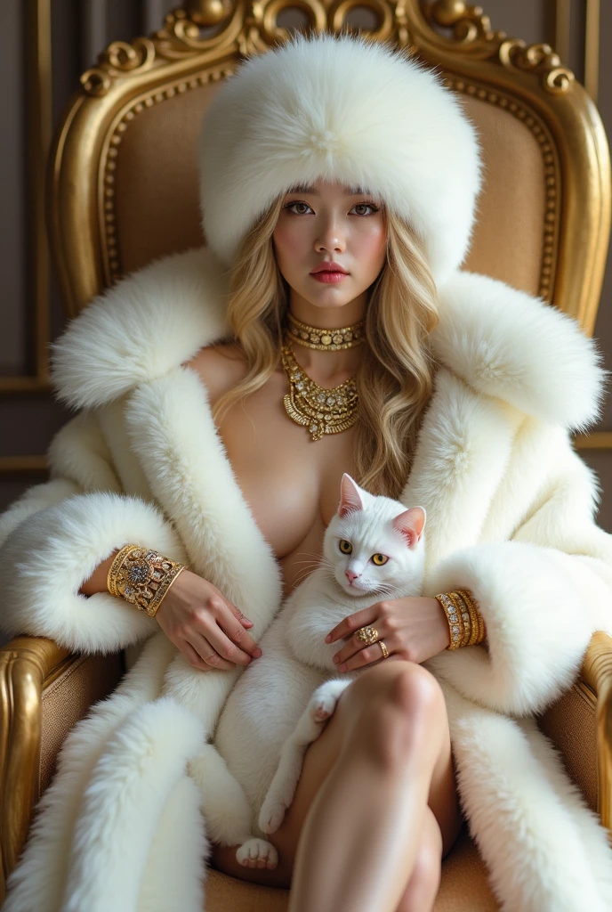 HD, high quality, sexy cute woman, asian, young, korean student, realistic, real,8k, clean, teenager woman with blonde gorgeous hair, pale skin, her face is also very beautiful and looks mature. sexy, She has a fit body. wearing huge white fur coat, big mink fur hat, fur coat covering all the body, wearing big fur hat, sitting on golden throne on the fur mug, 6 gold necklaces, princess handsome, petting cat, gorgeous face, she has slim body,wearing huge white fur coat, many jewelry, alots of gold jewelry, every finger has golden rings, 10 golden huge giant rings, her sexy leg , she wearing fur slippers, holding a whip, super huge titties, big hips,