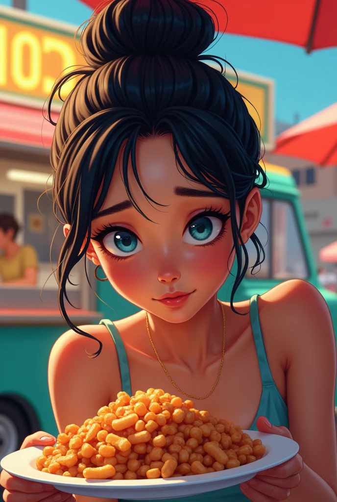 A woman with medium skin color,blue eyes, cute circle face,with messy bun black hair only, looking at the delicious food on plate at the food truck digital art