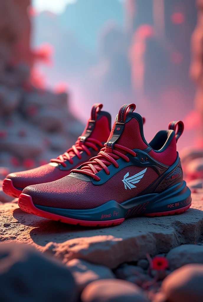 Image of some incredible free fire sneakers with luxurious details, make sure that it has the free fire logo if possible, make it look like dream sneakers and an incredible background
