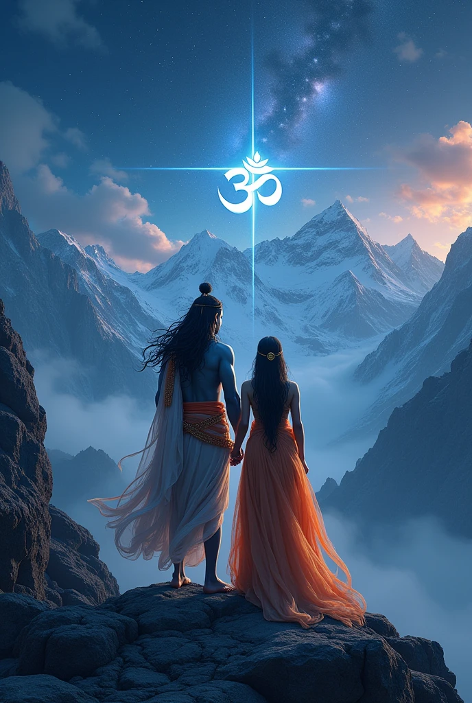 Lord shiv and Parvati stand in mountains see a Star in sky and 🕉️ in the sky in night full off dark 