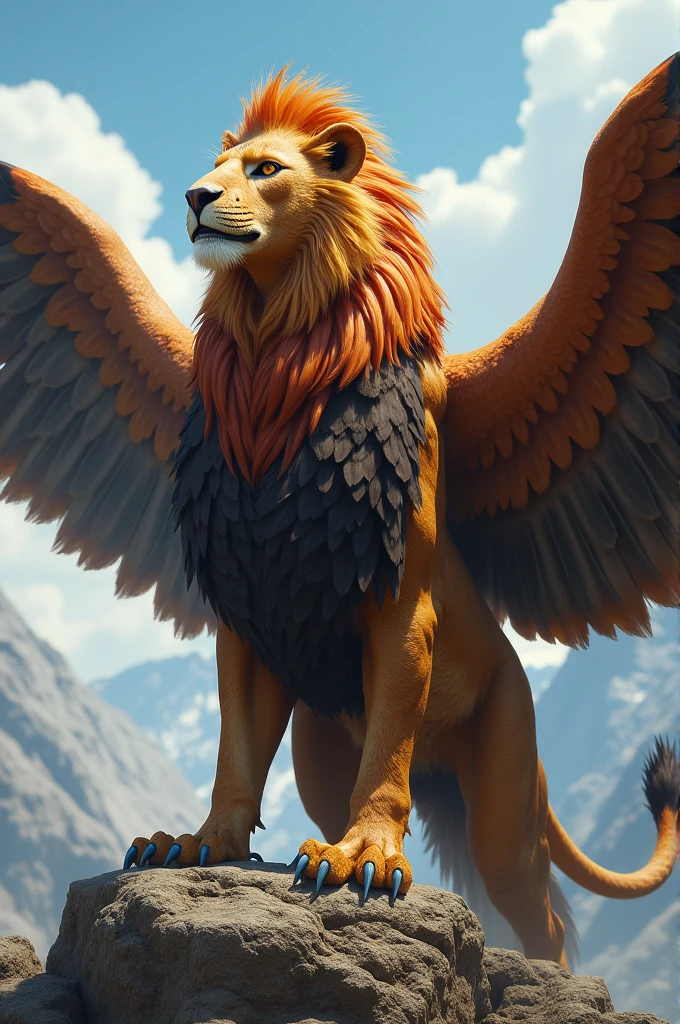 Create an image of a new animal that is a hybrid between a lion and an eagle. The animal should have the body and mane of a lion, with the wings, beak, and talons of an eagle. The creature should look majestic, powerful, and natural, blending the characteristics of both animals seamlessly