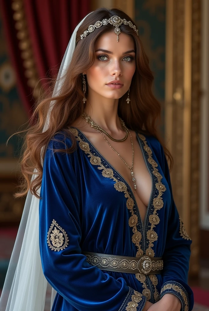 Femme du harem  avec des cheveux brunavec un caftan bleu royal long et ample en velours ornées de  broderies en or avec un voile blanc avec des motifs avec des chaussures en velours noir avec un collier en or et des boucles d'oreille  avec un petit diadème simple en argent et une ceinture en argent