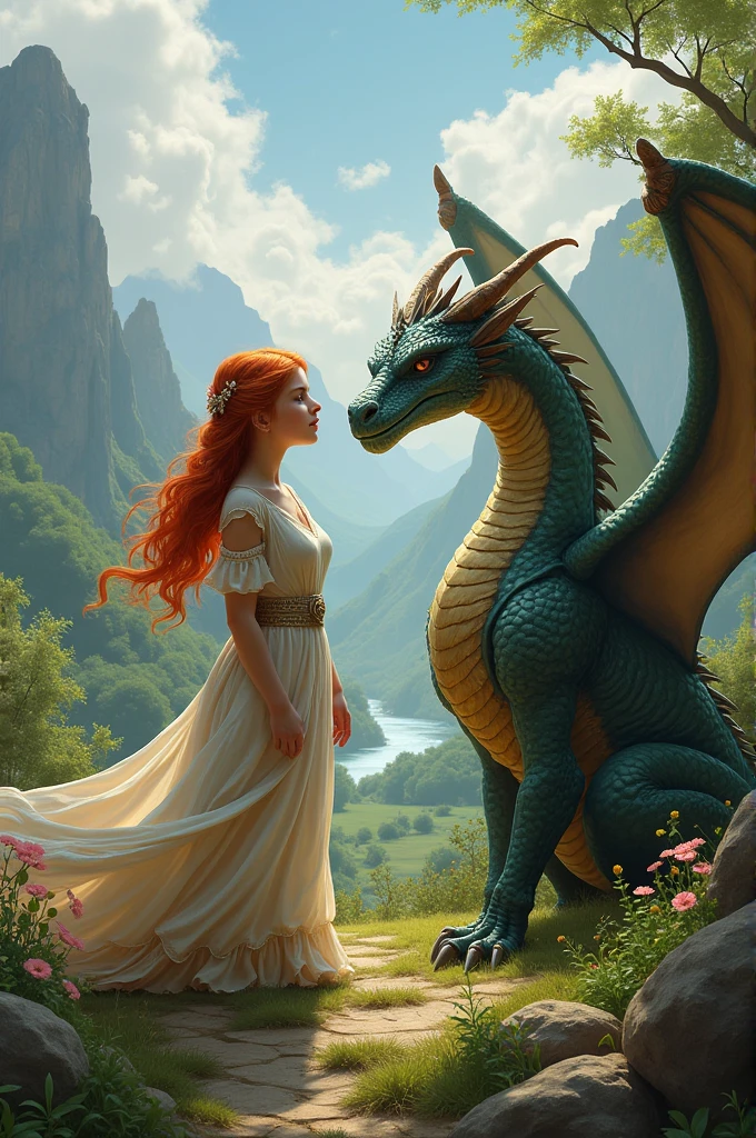 I want a landscape with a dragon and a princess and it should be realistic, not too animated., They are both friends and the princess is a redhead.