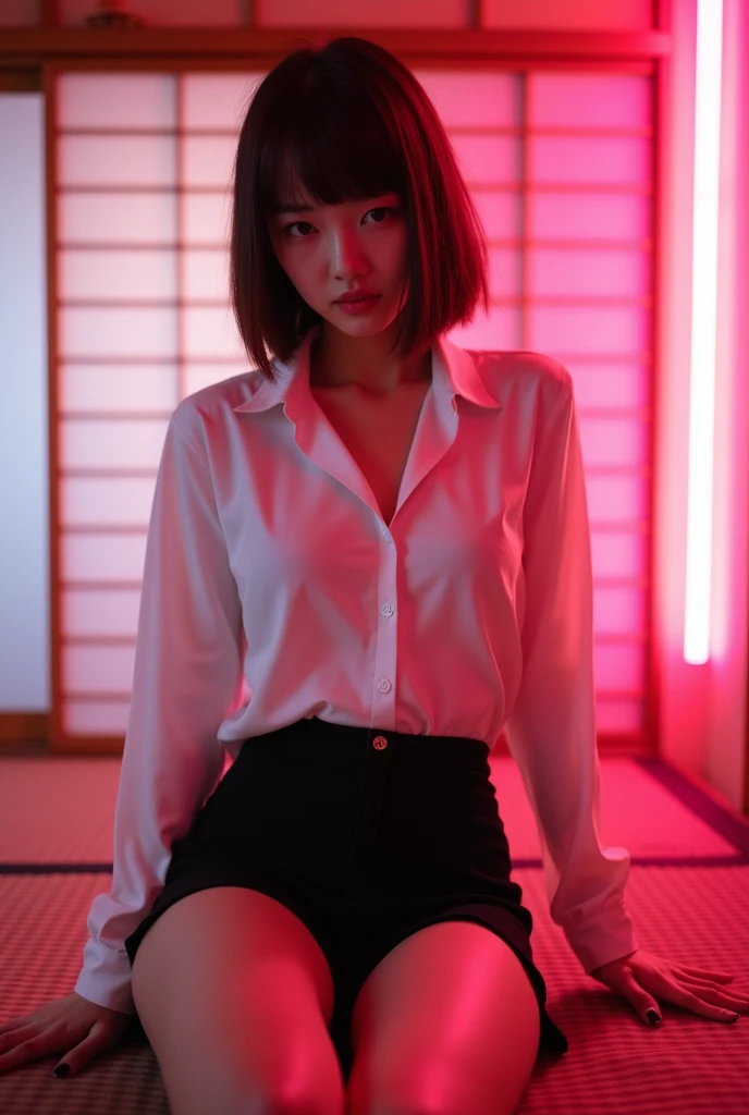 ((Japanese Idols))　((Plump and Shiny Lips))　Big Breasts　((Short brown hair with bangs))　((Looking into the camera))　Sit with your legs apart　((White button shirt and black enamel tight skirt))　　Low-angle shot of a person standing facing forward　look down　((A bedroom with shoji and tatami mats lit up in pink neon lights))　