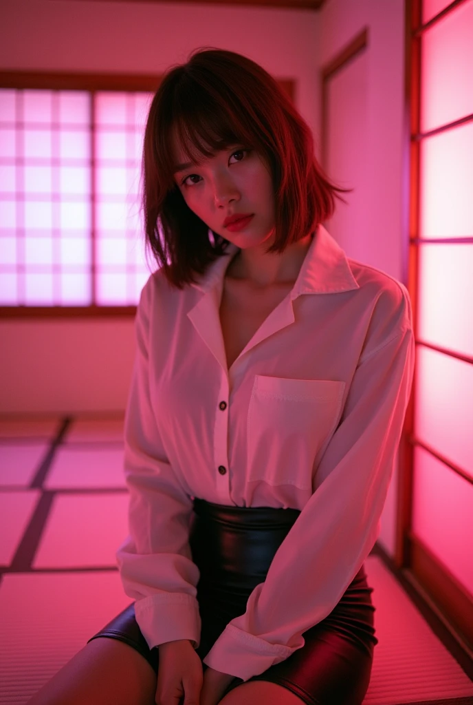 ((Japanese Idols))　((Plump and Shiny Lips))　Big Breasts　((Short brown hair with bangs))　((Looking into the camera))　Sit with your legs apart　((White button shirt and black enamel tight skirt))　　Low-angle shot of a person standing facing forward　look down　((A bedroom with shoji and tatami mats lit up in pink neon lights))　