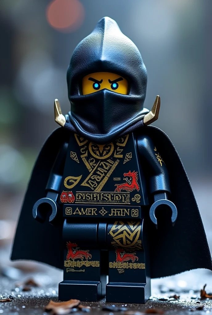 Créer moi un lego ninja go avec un parchemin du spinjisu interdit ninja go, avec pas de muscles et ni de masque le premier maitre du spijisufuturiste de la dernière puissance fusionnaire et doit être en lego un ninja avec un chapeau de paille noir, avec un bandeaux en métal noir cachant la bouche avec une cape noir derrière le dos sombre et avec une peau noir foncé noir sombre et un regard terrible avec des yeux en éclair bleu avec une puissance incroyable avec comme puissance élémentaire l’électrique, l’énergie, la terre, le feu, la glace. Les habits du ninja doit être tout noir avec des traces grise bleu foncé avec des reure en forme de force, d'électricité, de feu en or et des écritures japonaises et le parchemin antique du spinjisu interdit sacré le plus puissant en golden avec des symboles de lions en rouge sur le torse. Un ninja imbattable monstrueux beaucoup trop puissant qui contrôle tous les pouvoirs élémentaires. Le ninja doit être destructeur et soif de victoire un gentil et méchant avec le parchemin du spinjisu interdit sur le dos