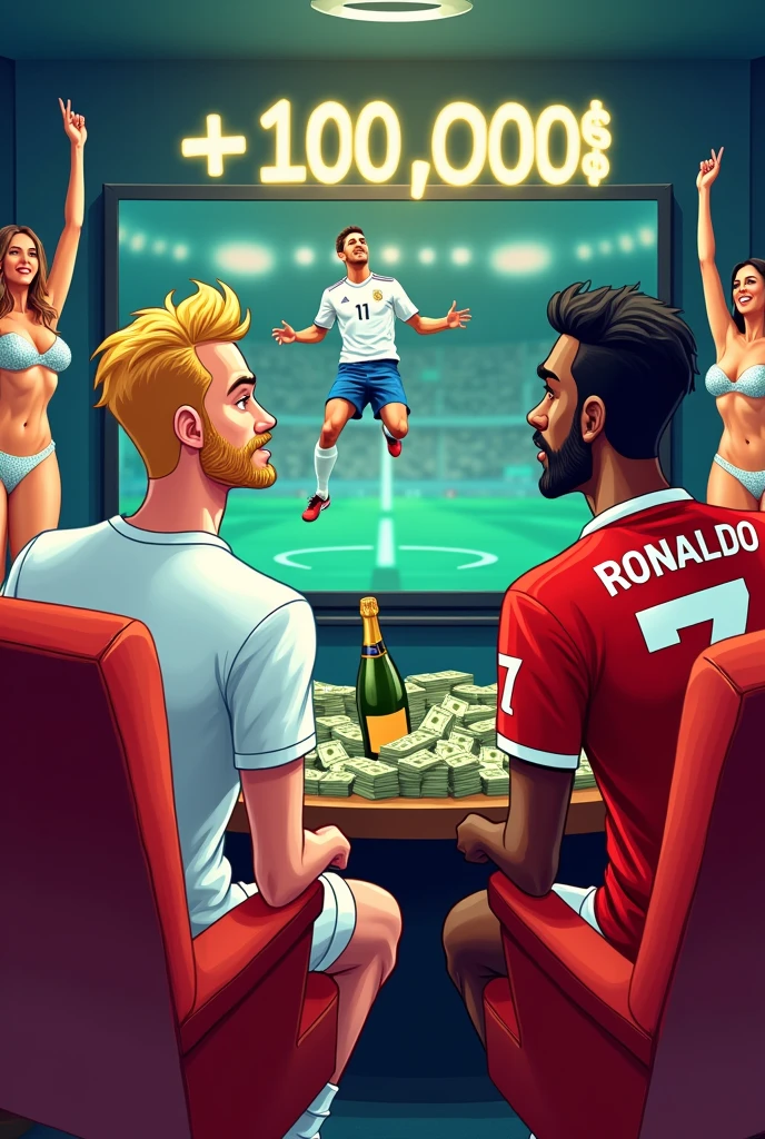 Créer une image pour le paris sportif . Il est censé y avoir deux  homme sur la photo et des femmes en bikini, un de race blanche et blon et l autre de race noire. est&#39 un porte une tenue de tennis  et l autre porte une tenue de foot avec ecrit sur le maillot floqué RONALDO avec le numero 7 que dans le dos du maillot  . Devrait-il porter une magnifique pièce d&#39;argent. Dans la main gauche, il devrait avoir une raquette de tennis  et l autre un ballon . sur l&#39;image, vous devriez voir une tele avec du sport  en arrière-plan , il devrait y avoir des liasses de billets partout dans la piece , il devrait y avoir des fauteuils de roi dont lequel sont assis les deux hommes  rester, et le tout devrait être en dessin animé et bien mettre une personne de race blanche et l'autre de race noire. , La personne blanche est blonde sans barbe , les deux  hommes sont vue  de dos , au dessus de la tele il doit il y avoir marqué + 10000$ et un des deux hommes saute de joie et il doit aussi avoir du champagne sur la table. l homme de race noire doit avoir une moustache et un peu de barbe et l homme de race blanche n a pas du tout  de barbe et il doit y avoir des femmes sexy dans la piece