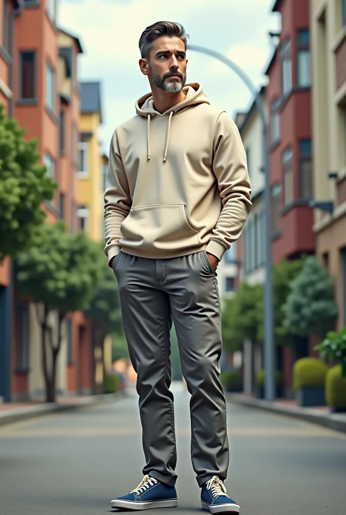 A 30 year old man in a quiet street, wearing cream coloured slim fit hoodie, grey chinos and navy plimsols, full body, looking at viewer