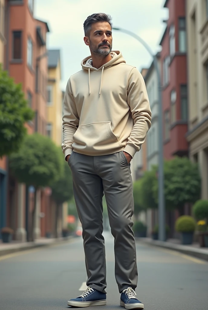 A 30 year old man in a quiet street, wearing cream coloured slim fit hoodie, grey chinos and navy plimsols, full body, looking at viewer