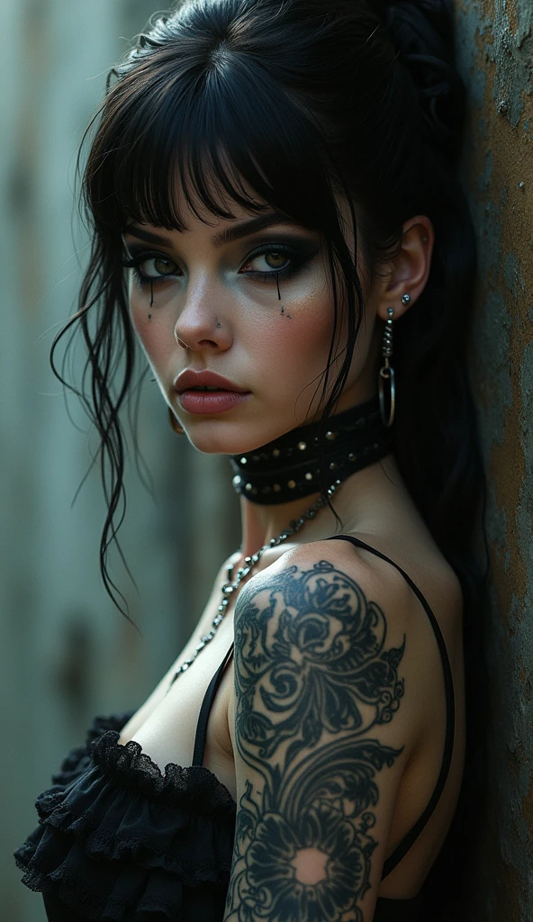 25 year old girl with Spanish features, pale white skin, blue eyes
Short punk and emo style hair
Gothic makeup,
Black left arm
Black left arm in his tit
With the left arm completely black,tattoos on the chest