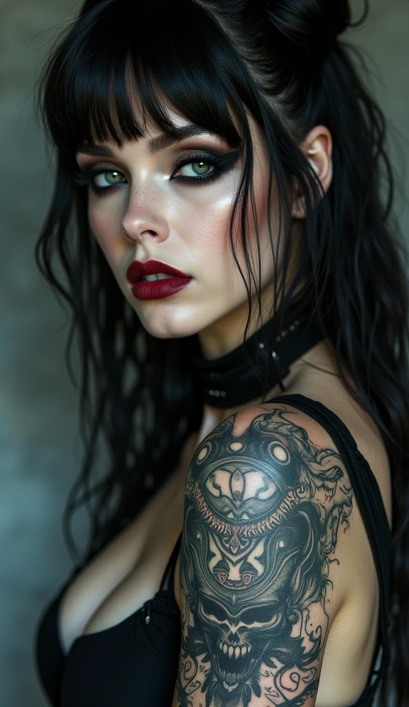Closeup of a woman with a tattoo on her arm, cyberpunk art by Galen Dara, Trends in CG society, Gothic art, Gothic art style, gothic fantasy art, gothic aesthetic, gothic girl, gothic girl, neogothic, beautiful digital artwork, awesome digital illustration, artistic style tom bagshaw, gothic girl face, gorgeous digital art, goth face