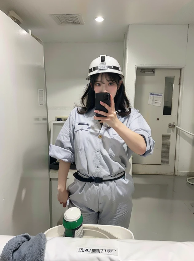 Sexy Woman、Gray workwear(Size that fits your body)、White work helmet、Big Breasts、The waist is small、Big Butt、Selfie