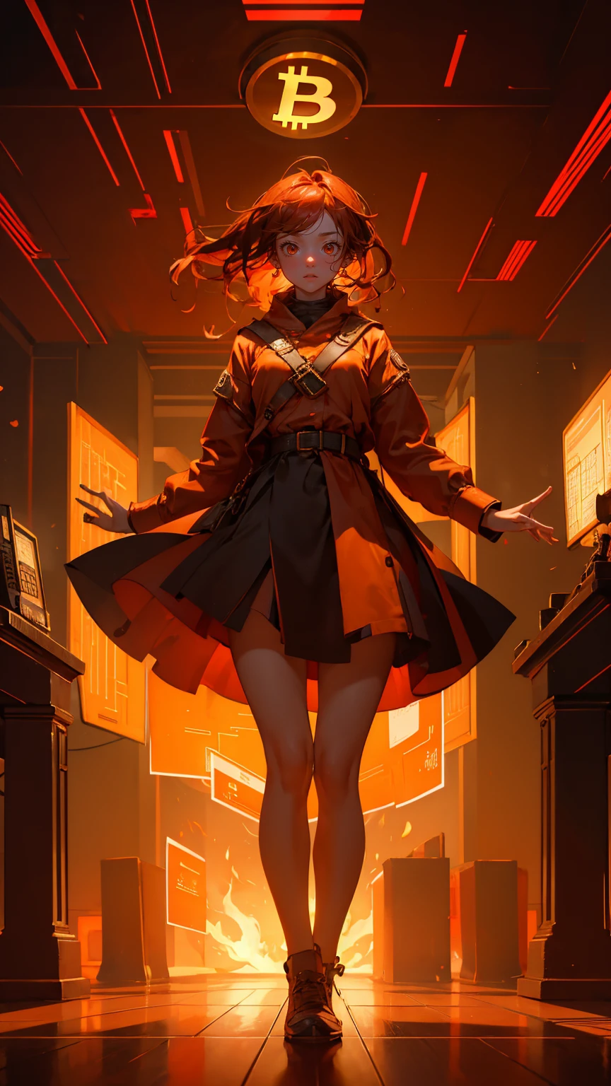 A beautiful, cute girl with a surprised expression, holding her head with both hands in a panic, standing in a room filled with stacks of golden coins and a digital calculator on a wooden table. The background is filled with bright red and orange flames rising high, creating a sense of financial disaster. The room is dimly lit with hanging lamps, casting dramatic shadows. A large Bitcoin symbol is displayed prominently above her head. The digital screen in the background shows rapidly fluctuating numbers. The atmosphere is tense and chaotic with a predominant red hue throughout the scene, enhancing the sense of urgency and panic." all red