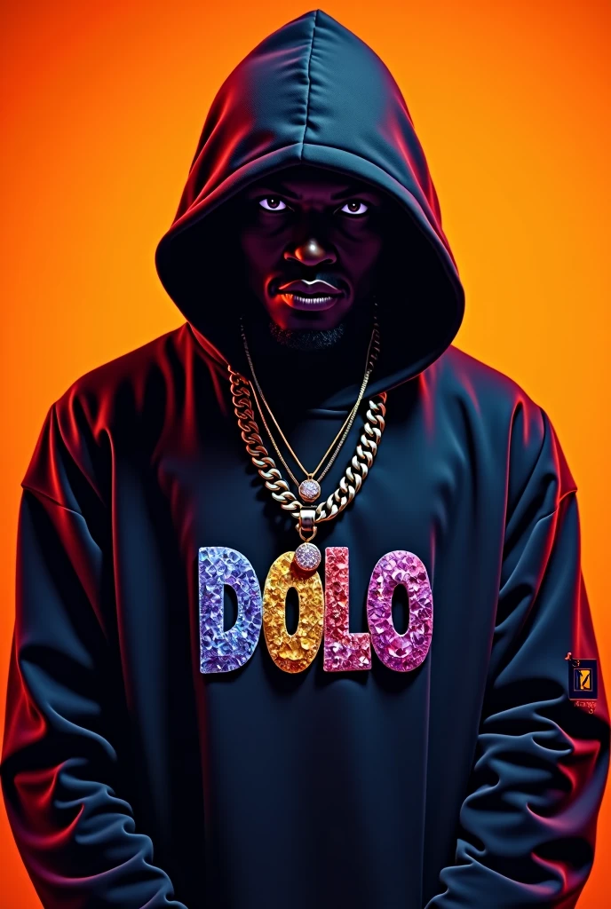 Rappeur avec une cagoule et une chaine en diamend sur laquelle il est ercrit DOLO en violet jaune oranhe et bleu . Le tout sur un fond orange