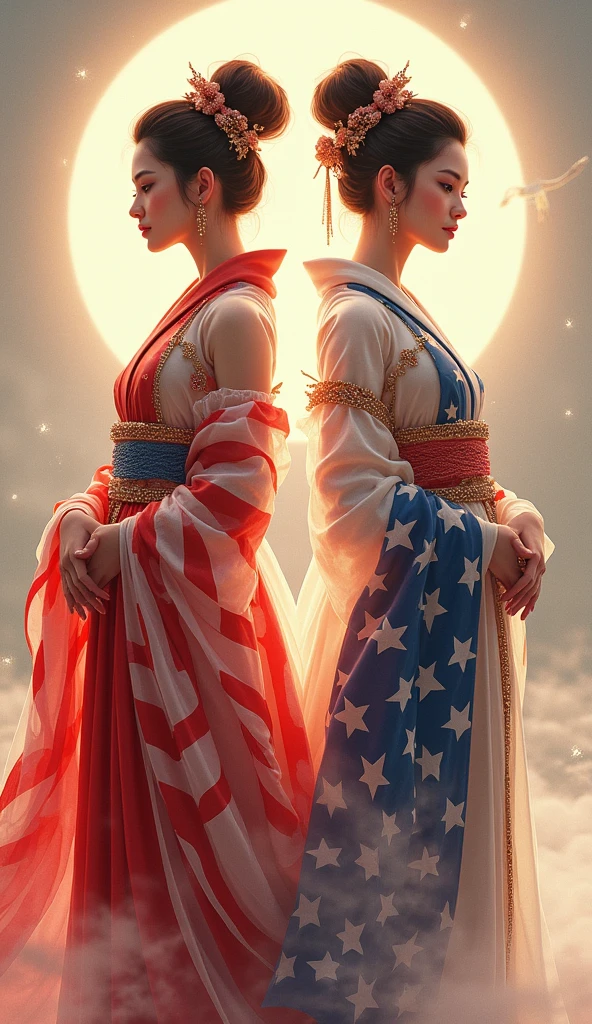 Beautiful Goddess Sisters, whole body, A Japanese goddess dressed in a costume based on the Japanese flag, An American goddess dressed in a costume based on the American flag