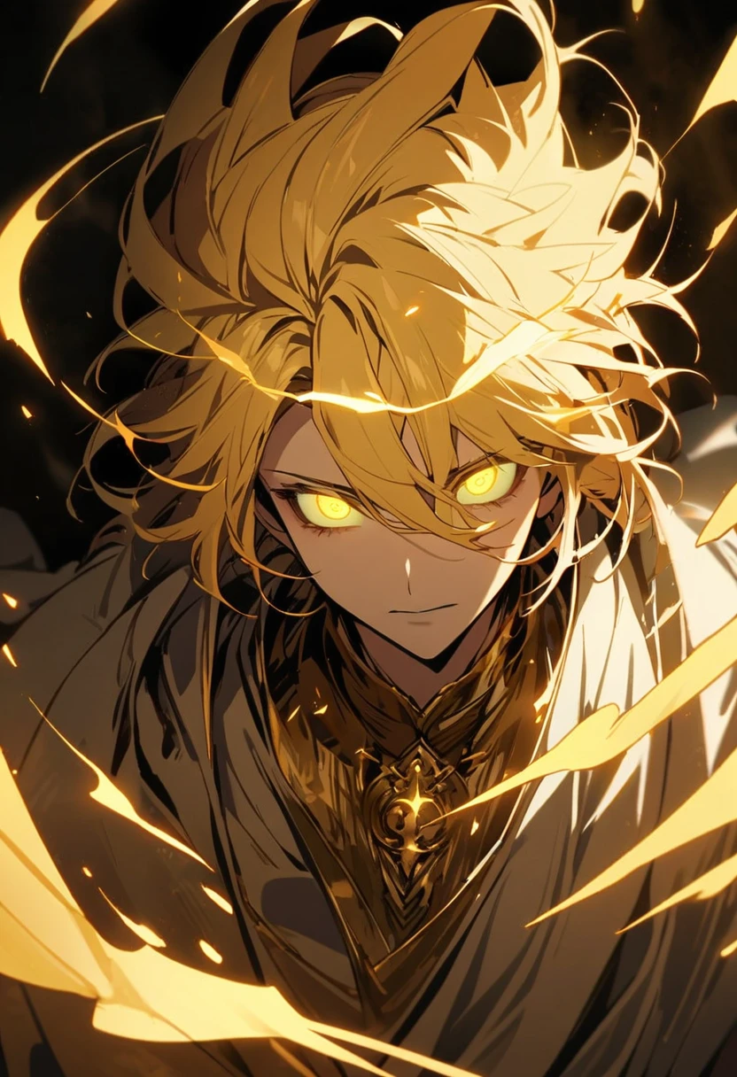 male, solo, god, golden aura, blond hair, glowing eyes, god eyes, no eyeball, Christs, beautiful color