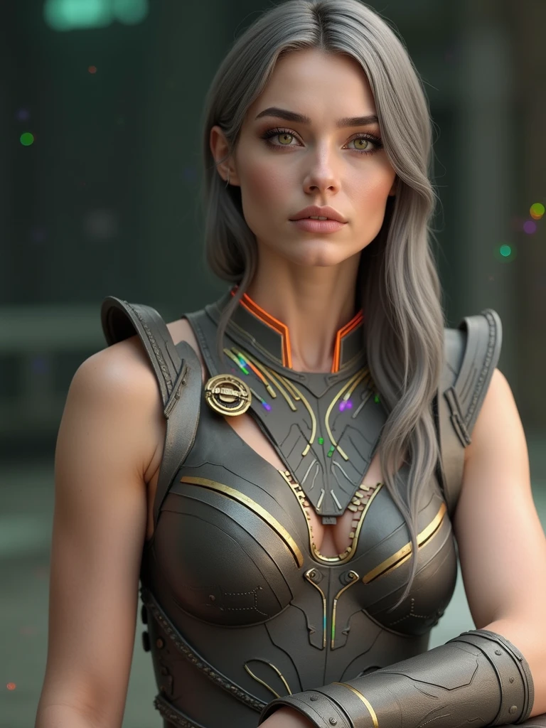A fierce female warrior with long, ashen skin, flowing silver hair, silver eyebrows, her eyes are gold and silver color. her armor etched with glowing rainbow colored circuits, luminescent gold lines, lining strip of RGB led lighting and electronic chip, cleavage can be seen trough the armor. stands in the arena. leaning on object, head slightly tilt seductive gaze, looking at viewer seductively, long fingernails, finger less gauntlet, Surrounding her is a vortex of luminous circuitry crowd, casting intricate patterns of light on her armor. The scene is rendered with photo realistic detail, the lighting capturing the interplay between the metallic textures and the pulsating rainbow colored energy energy of the digital backdrop in a dynamic light. hyper realistic armor, light particles, soft lighting, volumetric lighting, intricate details