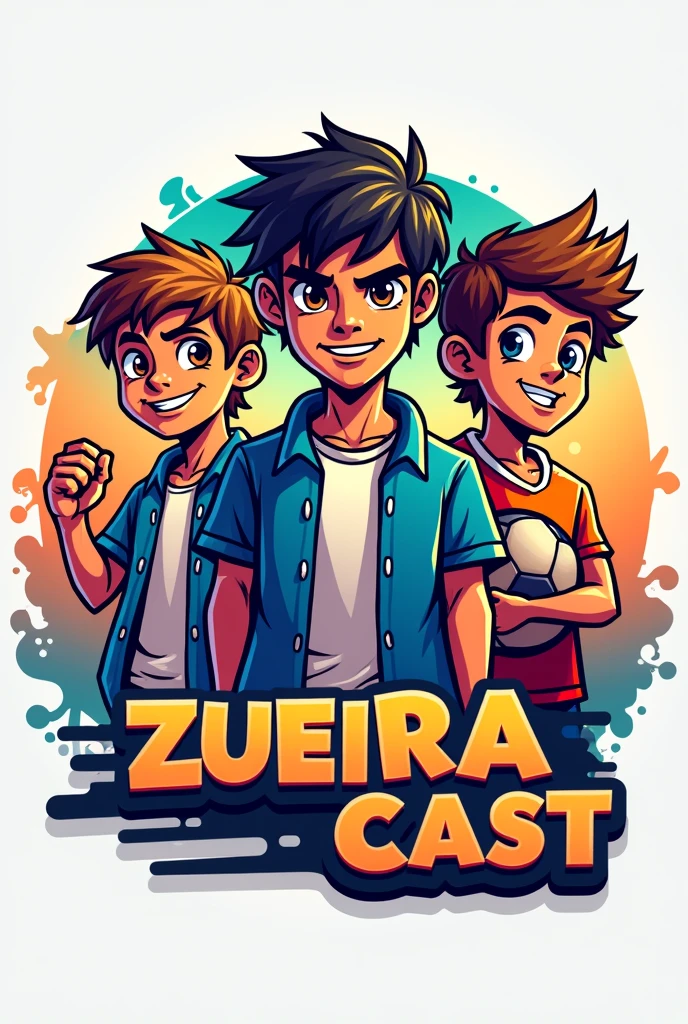 Create a logo for a podcast called ZueiraCast.
A creative and eye-catching logo. Put 3 boys.
theme: sports, music, chat and fun.