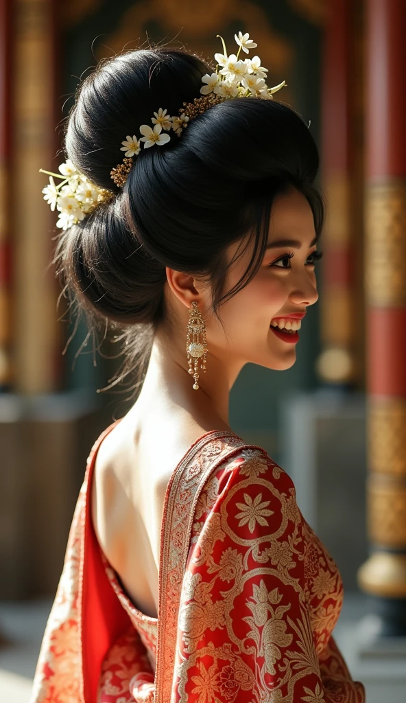 Masterpiece, Best Quality, High Resolution, High Details, Super Detailed, High Quality, Textured Skin, UHD, full body of Japanese wedding woman in kebaya dress traditional and batik skirt, looking at viewer, jewelry on hair, tiny strain white jasmine hair ornaments, ,((full body shot)),from head to toe,with a very big hair bun, (the size of her bun is 3 times the size of her head),very big very big hair bun traditional Javanese hair bun,(circle bun),shiny black hair,,laugh, ((looking back over shoulder ))Ultra-Wide Angle,on Javanese temple
